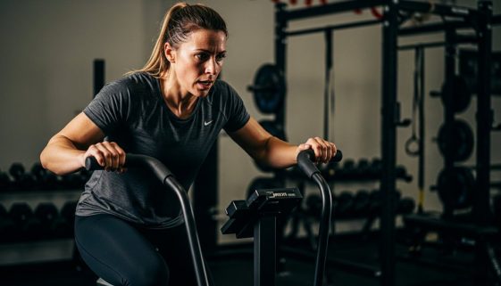 Athletin bei einem intensiven HIIT Workout am Assault Air Bike für maximale Fitness.