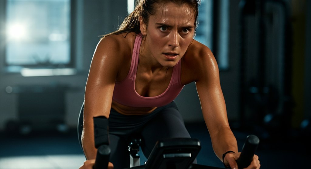 Athletin beim gelenkschonenden Crosstraining auf dem Spinning-Bike.