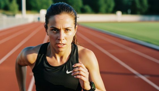 Athletin beim intensiven HIIT-Training zur Steigerung der VO2max auf einer Laufbahn. Medium shot of a female runner in her late 20s on an outdoor track, at the peak of a high-intensity interval. Her face shows intense focus and exertion, sweat visible on her forehead. The background is blurred, creating a strong depth of field. Shot on 35mm film, Kodak Portra 400 style, with slight film grain and true-to-life colors. The lighting is from the golden hour, casting long shadows and creating a dramatic, motivational mood. Candid shot, not posed.