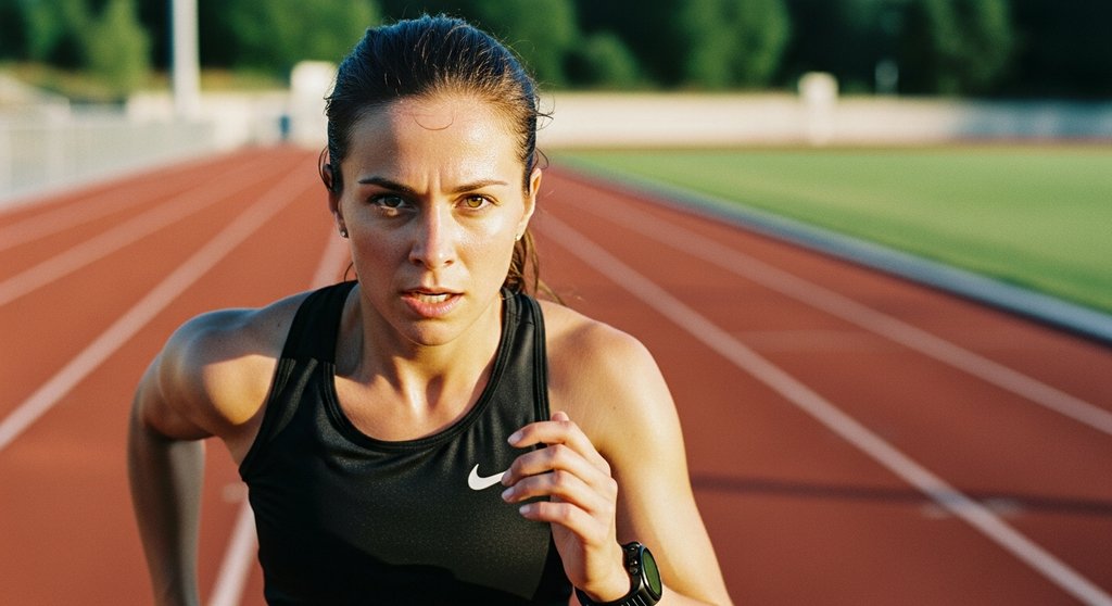Athletin beim intensiven HIIT-Training zur Steigerung der VO2max auf einer Laufbahn. Medium shot of a female runner in her late 20s on an outdoor track, at the peak of a high-intensity interval. Her face shows intense focus and exertion, sweat visible on her forehead. The background is blurred, creating a strong depth of field. Shot on 35mm film, Kodak Portra 400 style, with slight film grain and true-to-life colors. The lighting is from the golden hour, casting long shadows and creating a dramatic, motivational mood. Candid shot, not posed.
