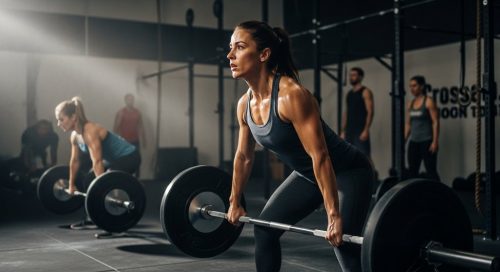 Athletin bereitet sich hochkonzentriert auf einen schweren Deadlift während eines Chipper WODs vor.
