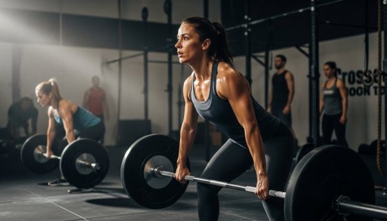Athletin bereitet sich hochkonzentriert auf einen schweren Deadlift während eines Chipper WODs vor.