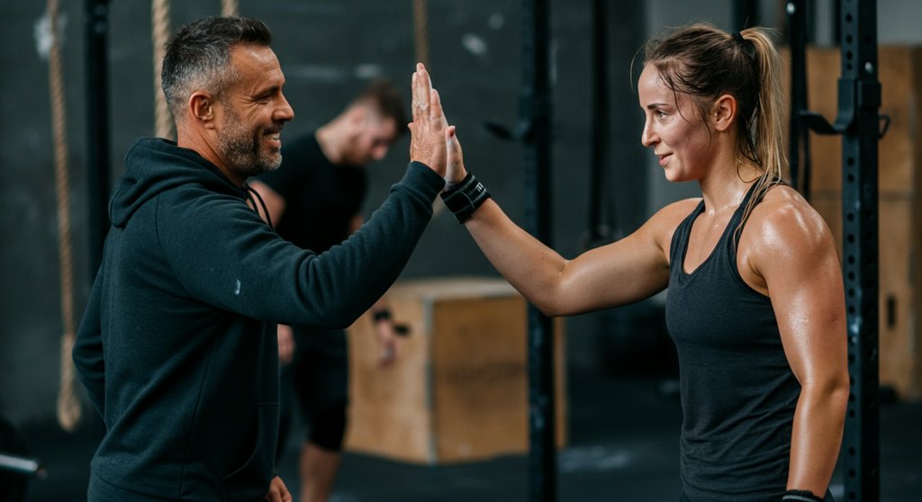 Athletin erhält nach einem erfolgreich skalierten Crosstraining-Workout ein High-Five vom Coach.