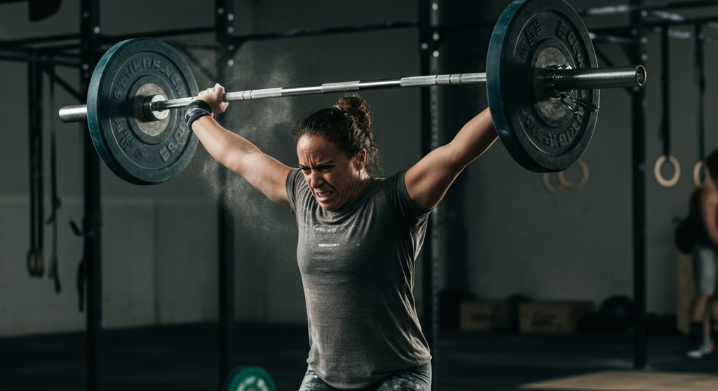 Athletin führt einen kraftvollen Clean and Jerk im Benchmark WOD Grace aus.