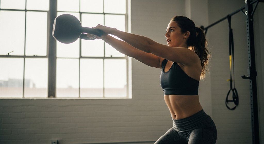 Crosstraining Equipment: Athletin führt Kettlebell Swing in minimalistischem Gym aus.