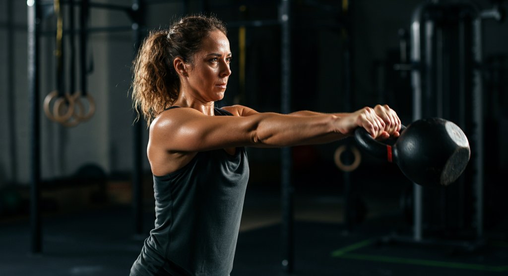 Athletin führt Kettlebell Swings nach der Little Methode aus, um Fettverbrennung und Ausdauer zu steigern.