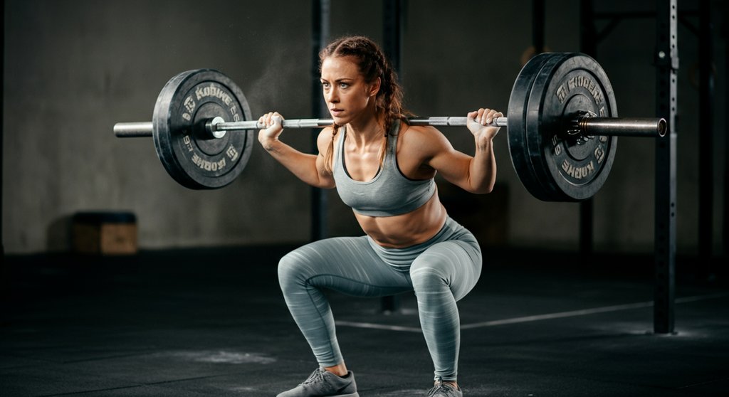 Athletin in robuster Crosstraining-Kleidung bei einer tiefen Kniebeuge mit Langhantel.
