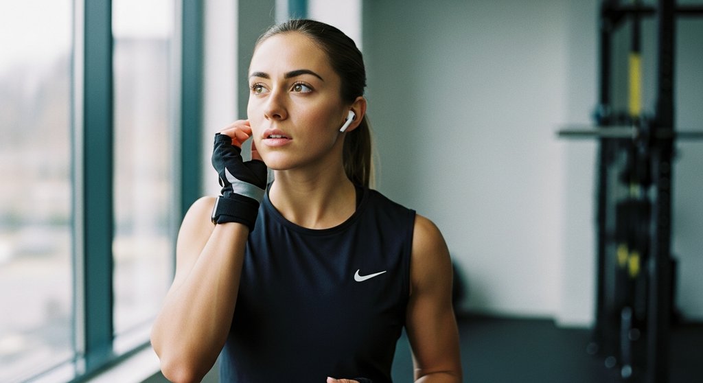 Athletin konzentriert sich vor ihrem Intervalltraining und plant ihr Mahlzeiten-Timing.