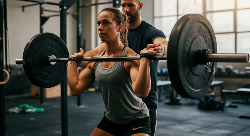 Ein Trainer korrigiert die Haltung einer Athletin bei der Thruster Übung, um häufige Fehler zu vermeiden.