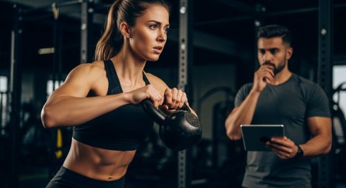 Athletin macht einen Fehler beim Cross-Training mit einer Kettlebell und wird von einem Trainer beobachtet.