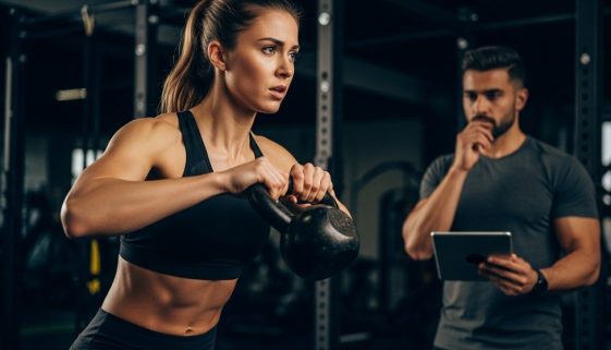 Athletin macht einen Fehler beim Cross-Training mit einer Kettlebell und wird von einem Trainer beobachtet.