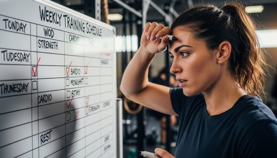 Athletin plant ihre Crosstraining-Einheiten pro Woche an einem Whiteboard.