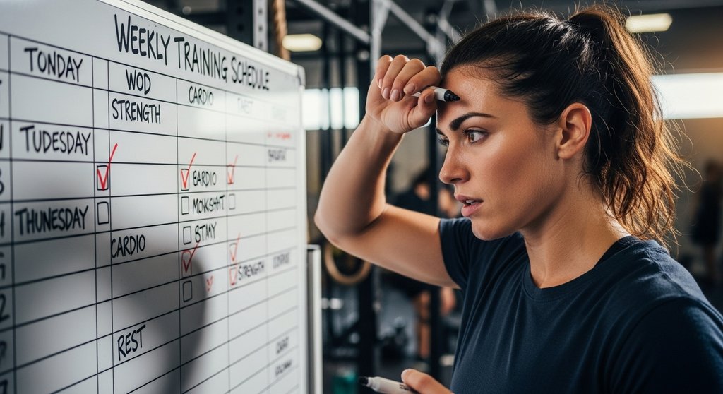 Athletin plant ihre Crosstraining-Einheiten pro Woche an einem Whiteboard.