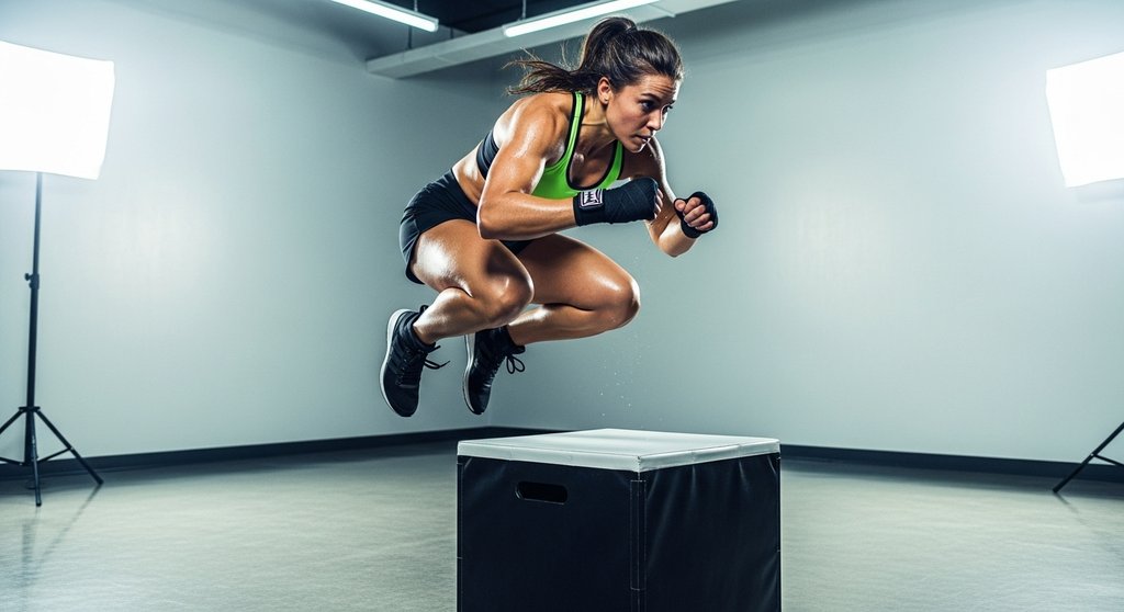 Athletin steigert ihre Explosivkraft mit Box Jumps im Rahmen ihres Crosstrainings.