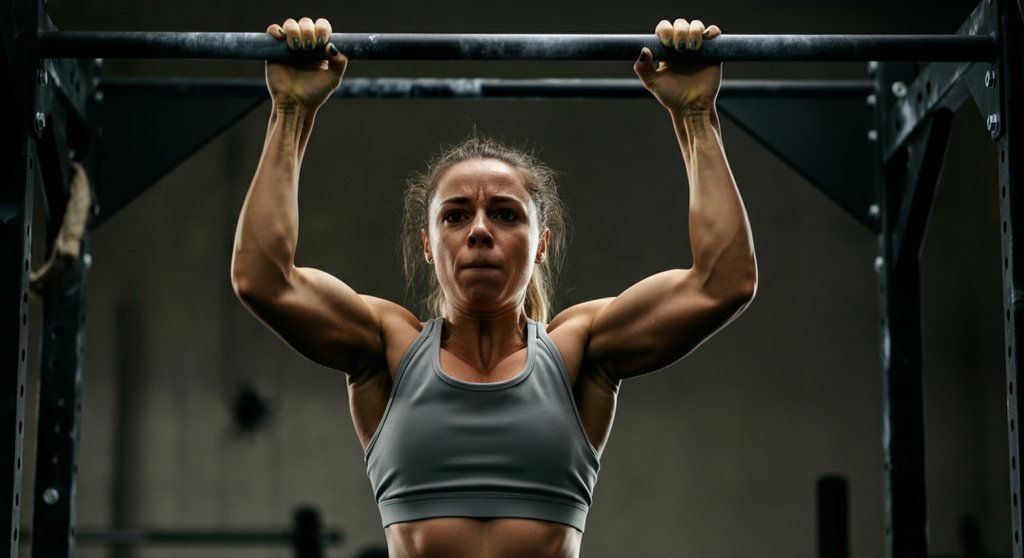 Athletin trainiert die Griffkraft für die Toes to Bar Technik im aktiven Hang.