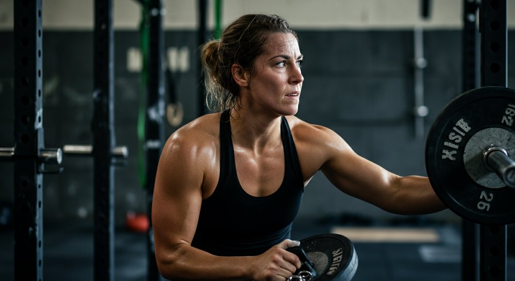 Athletin wählt beim Crosstraining Skalieren eine leichtere Hantelscheibe für das Workout.