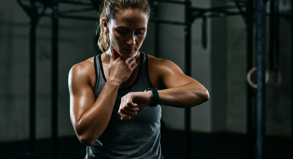 Athletin zeigt mentale Disziplin während einer Pause im EMOM Workout