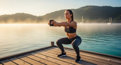 Athletische Frau macht eine Kniebeuge beim Crosstraining im Urlaub am Meer. Athletische Frau macht eine Kniebeuge beim Crosstraining im Urlaub am Meer.