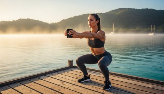 Athletische Frau macht eine Kniebeuge beim Crosstraining im Urlaub am Meer.