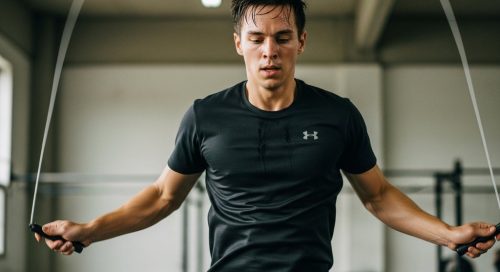 Athletische Person bei einem intensiven HIIT Springseil Workout in einem Gym. Athletische Person bei einem intensiven HIIT Springseil Workout in einem Gym.