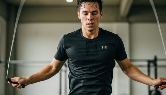 Athletische Person bei einem intensiven HIIT Springseil Workout in einem Gym.