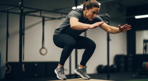 Athletische Person bei einer plyometrischen HIIT Übung, einem Box Jump.