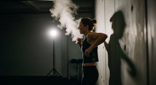 Athletische Person erholt sich nach einem intensiven HIIT-Training; der EPOC-Nachbrenneffekt wird visualisiert. Athletische Person erholt sich nach einem intensiven HIIT-Training; der EPOC-Nachbrenneffekt wird visualisiert.