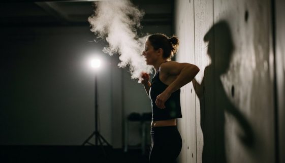 Athletische Person erholt sich nach einem intensiven HIIT-Training; der EPOC-Nachbrenneffekt wird visualisiert.