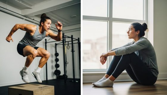 Athletische Person in einer Gegenüberstellung von intensivem HIIT-Training und ruhiger Regeneration.