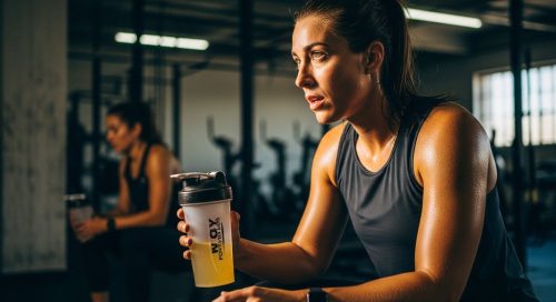 Athletische Person macht eine Pause beim HIIT-Training und hält einen Intra Workout Drink in der Hand.