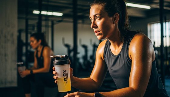 Athletische Person macht eine Pause beim HIIT-Training und hält einen Intra Workout Drink in der Hand.