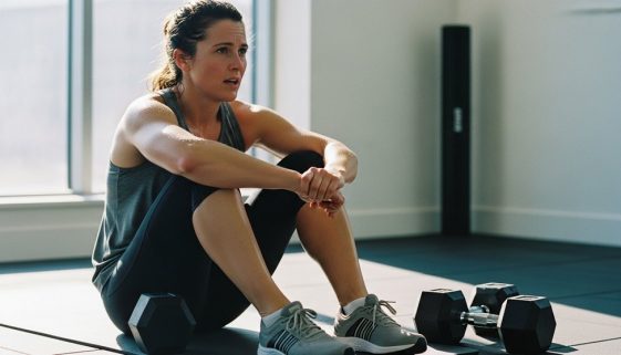 Athletische Person macht nach einem intensiven HIIT Workout mit Kurzhanteln eine Pause.