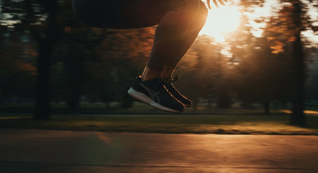 Athletische Person steigert die HIIT-Intensität im ersten Monat mit Jump Squats im Freien.