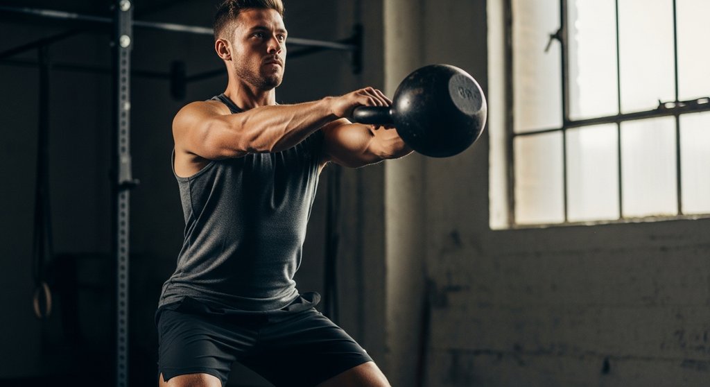 Athletischer Mann führt einen Kettlebell Swing als Teil seines HIIT-Trainings für den EPOC-Effekt aus.