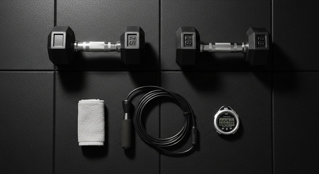 Ausstattung für ein Crosstraining-Workout mit Kurzhanteln am Boden liegend.