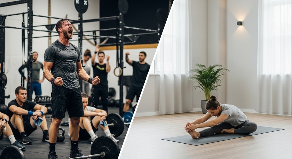 Bildvergleich, der die energiegeladene CrossTraining-Community und das ruhige Einzeltraining gegenüberstellt.