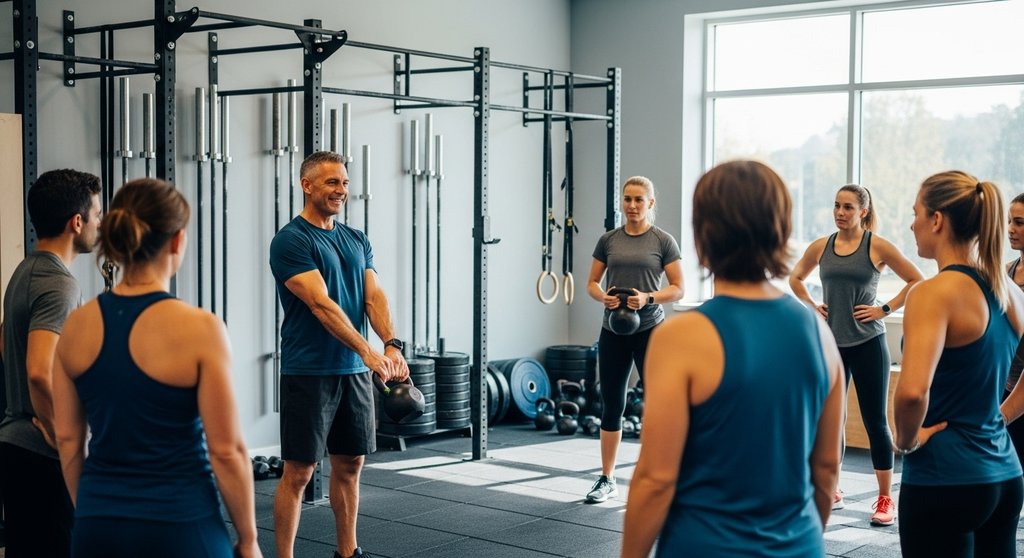 Coach erklärt CrossTraining-Anfängern die Technik des Kettlebell Swings.