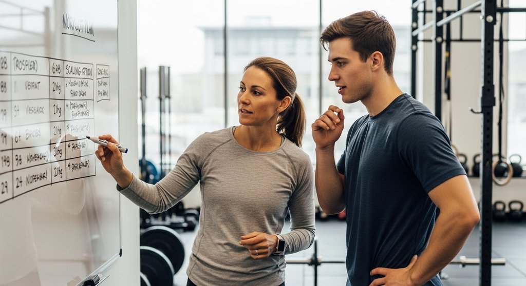 Coach erklärt einem Athleten die richtige Skalierung für ein Crosstraining-Workout.