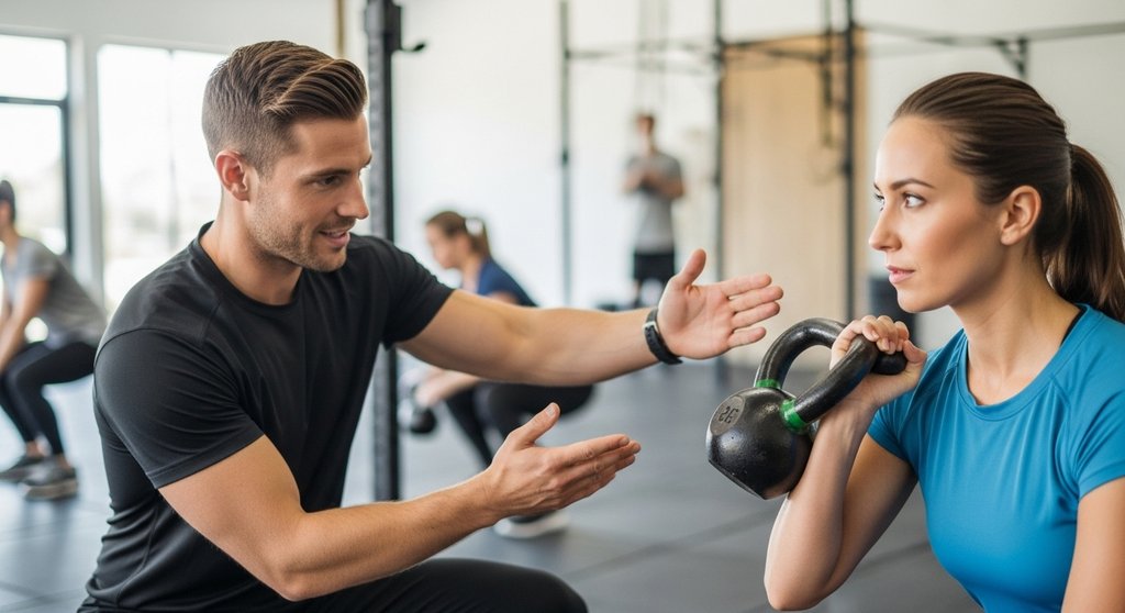 Coach erklärt einer Anfängerin die richtige Übungsausführung im CrossTraining Probetraining.