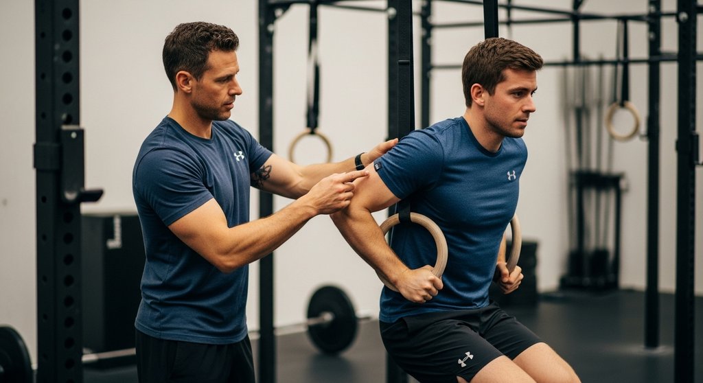 Coach gibt Feedback zur richtigen Haltung beim Gymnastics Crosstraining.