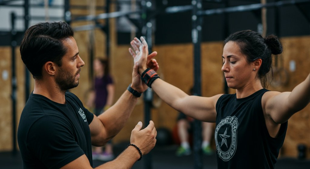 Coach korrigiert die Handgelenk-Haltung eines Athleten beim Double Under Training.