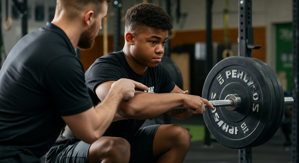 Coach korrigiert die Technik eines Athleten beim Clean and Jerk lernen.