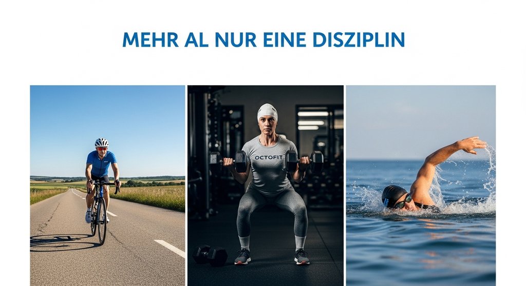 Collage, die die Kombination von Ausdauersport und Krafttraining als Crosstraining zeigt.