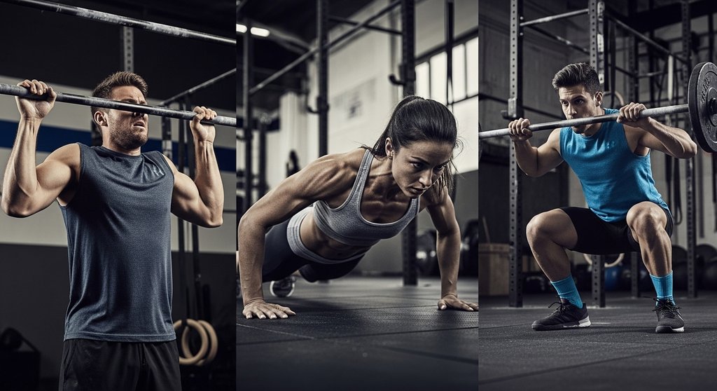Collage von Athleten bei den Übungen der CrossFit Girl WODs.