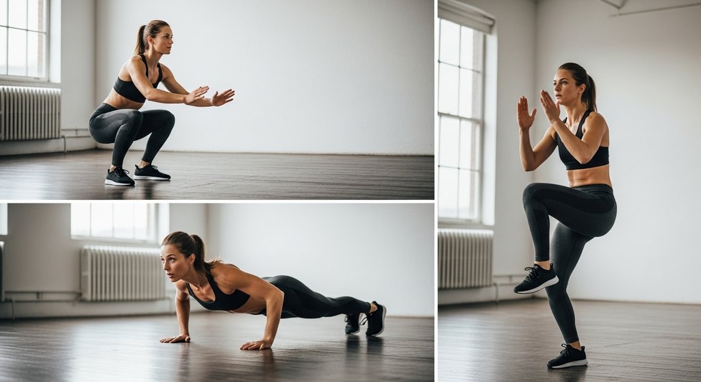 Collage von drei Crosstraining-Übungen ohne Geräte: Air Squat, Push-up und High Knees.