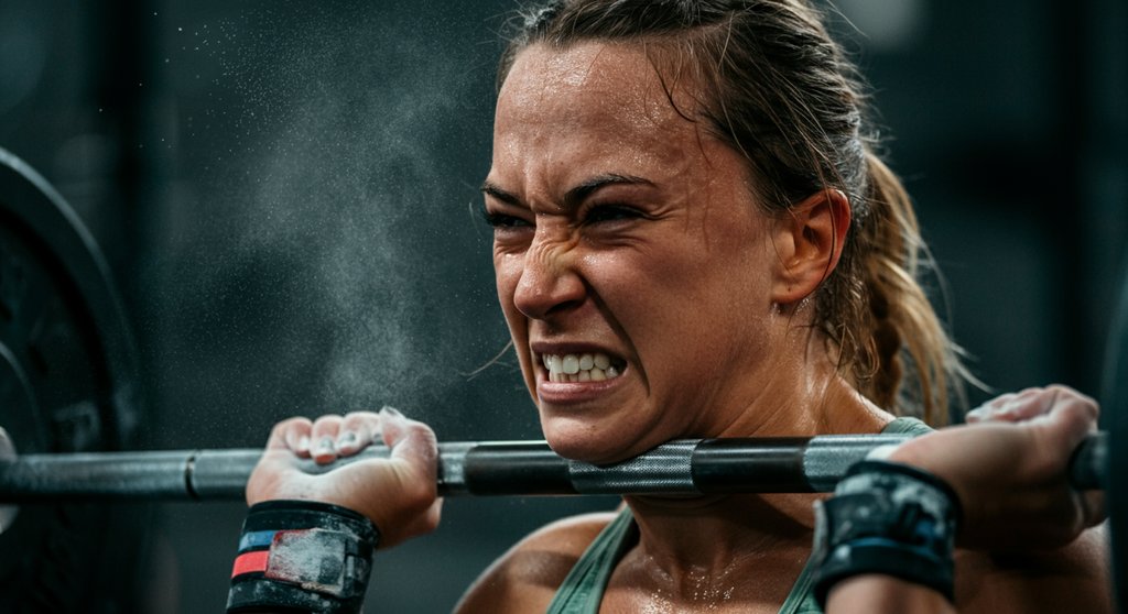 CrossFit-Athletin kämpft sich mit Entschlossenheit durch ein anstrengendes Girl WOD.