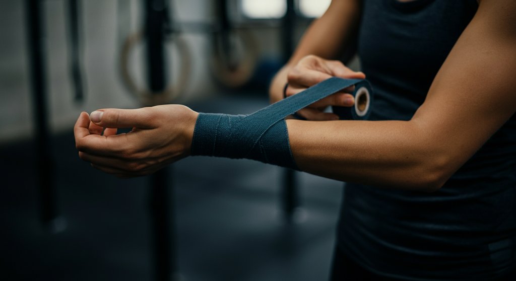 CrossFitterin pflegt ihre Gelenke zur Regeneration, optionale Supplements für Crosstraining.