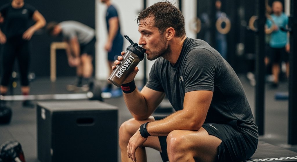 CrossTraining Athlet bei der Regeneration mit einem Supplement-Shake in der Box.