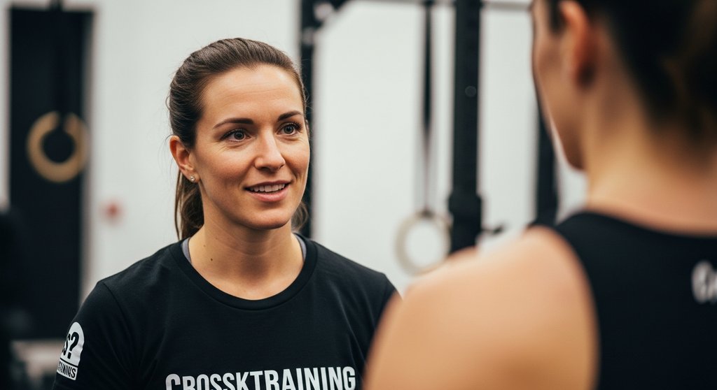 Crosstraining Coach beantwortet geduldig eine Frage einer Teilnehmerin.