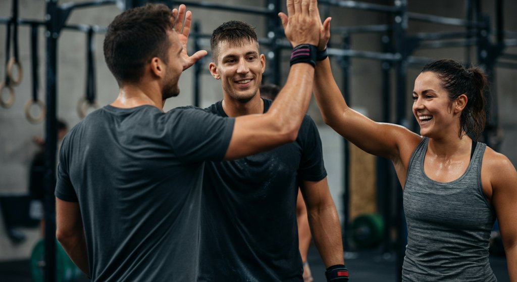 Crosstraining Community feiert gemeinsam nach einem Wettkampf-Workout.